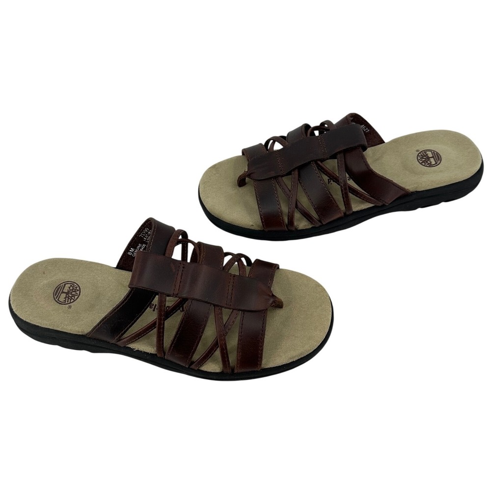 Timberland Women's Brown Leather Strappy Slide Sandals Toe Loop 71399 Size‎ 8M